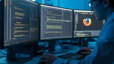 Un analyste cybersécurité examine du code Firefox sur plusieurs écrans