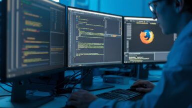 Un analyste cybersécurité examine du code Firefox sur plusieurs écrans
