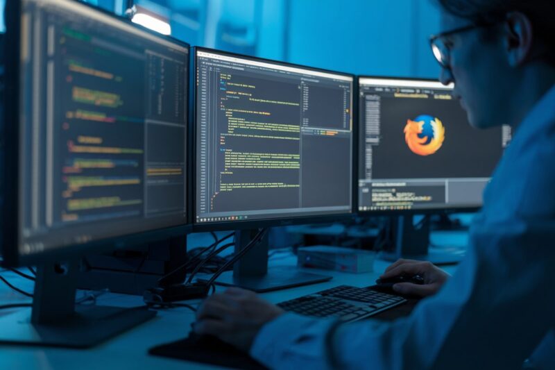 Un analyste cybers&eacute;curit&eacute; examine du code Firefox sur plusieurs &eacute;crans