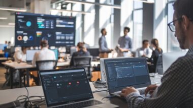 Des salariés utilisent des outils d’IA sur ordinateurs au bureau