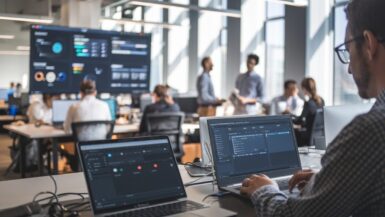 Des salariés utilisent des outils d’IA sur ordinateurs au bureau