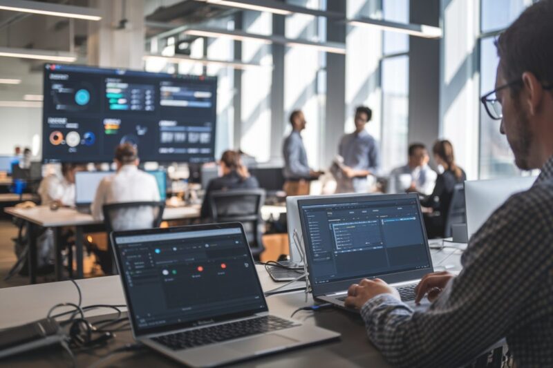 Des salari&eacute;s utilisent des outils d&rsquo;IA sur ordinateurs au bureau